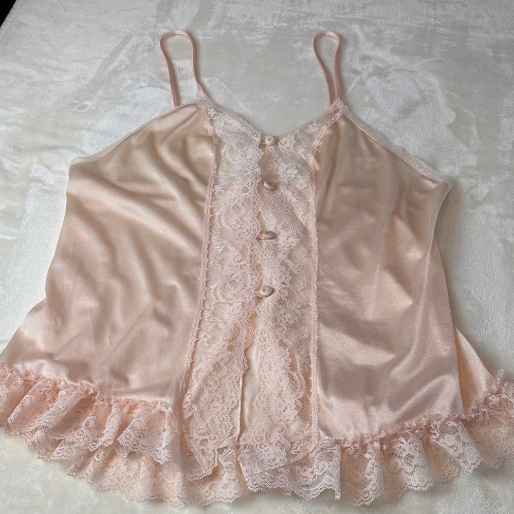 Vintage Elegant Lace Trim Satin Chemise Top Pink and White Lace Lingerie Size M